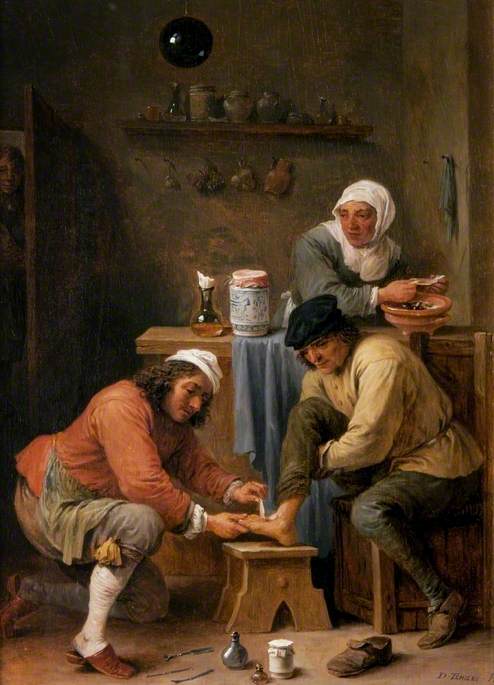 Early oil painting of a surgeon treating an injuted foot